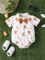 2023 Baby Boys' All-Over Printed Gentleman Bow Decorated Short-Sleeved Bodysuit With Button Closure