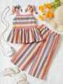SHEIN Kids SUNSHNE Toddler Girls Striped Print Bow Shoulder Peplum Cami Top & Pants