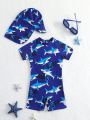 Baby Boy Shark Print One Piece Swimsuit With Hat