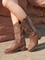 Styleloop Women's Outdoor Western-Style Embroidered Chunky Heel Boots In BeigeKnight Boots