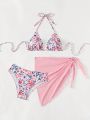 Women's Floral Printed Halter Neck Tie Bikini Set