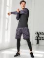 Men's Camouflage Print Long Sleeve T-Shirt, Shorts And Leggings Sports Set