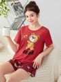 SHEIN Teen Girls' Knitted Adorable Bear Pattern Short Sleeve T-Shirt And Shorts Homewear