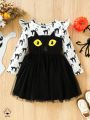 Girls cute little black cat print pattern owl ballet mesh dress girl gift spring and autumn