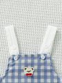 SHEIN 2pcs Baby Boy's Casual College Style Bear Logo Blue And White Plaid Overalls Set With Stand Collar Shirt, Spring/Summer Outfit
