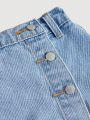 SHEIN Tween Girls' Light Blue Washed Y2k Style Irregular Buckle Design Denim Skirt Pants For Summer Vacation