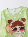 Little Girls' Cartoon Patterned Top And Pants Pajama Set