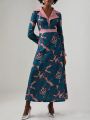 JOY & LIGHT Floral Print Contrast Collar Dress