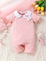 SHEIN Baby Girls' Casual & Comfortable Romper With Rabbit Ear Design Collar For Home Wear & Daily Wear, Spring & Summer