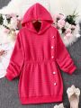 Girls' Long Sleeve Hooded Dress With Button Decoration