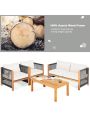 Gymax 4PCS Acacia Wood Outdoor Patio Furniture Conversation Set W/ White Cushions