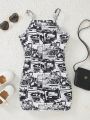 SHEIN Kids Cooltwn Girls Casual Street All-Over Printed Cami Dress Summer