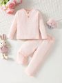 Baby Girl Simple Plaid Fabric Two Button Long Sleeve Top With Long Pants Pajama Set