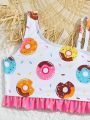 Toddler Girls' Bikini Swimsuit Set With Random Donut Print Asymmetric Neckline And Swim Skirt