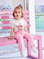 SHEIN 2pcs Baby Girls' Casual Bear Pattern Printed Top And Bell Bottom Pants Set For Outing, Spring And Summer