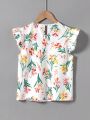 SHEIN Kids EVRYDAY Tween Girls' Woven Floral Print Short Sleeve Loose Fit Casual Top With Round Neck