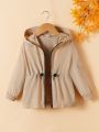 SHEIN Kids QTFun Little Girls' Woven Solid Zippered Hooded Loose Coat With Attached Pockets