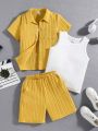 SHEIN Kids EVRYDAY 3pcs/Set Young Boys' Casual Sporty College Style Solid Color Short Sleeve Shirt With Collar, Shorts And Vest For Holiday Outfits