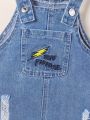 Baby Boy Denim Overalls With Letter Embroidery & Distressed Details