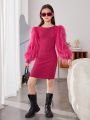 SHEIN Daily Sweet And Cool Knitted Round Neck Long-Sleeved Dress For Tween Girls