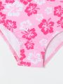 Baby Girls' Floral Printed Bikini Swimsuit Set With Ruffles Decoration And Headband