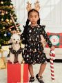SHEIN Kids Cooltwn Young Girl Christmas Print Ruffle Trim Dress