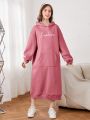 SHEIN Teen Girls' Knitted Solid Color Letter Embroidery Pattern Hooded Long-Sleeved Sweatshirt With Pockets