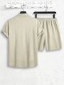 Manfinity Men's Solid Color Stand Collar Short Sleeve Shirt And Drawstring Design Shorts Set