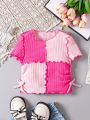 SHEIN Kids SUNSHNE Little Girls' Knitted Color-Block Pleated Casual Cropped T-Shirt