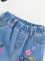 SHEIN Baby Girls' Blue Bear Letter Print Y2k Denim Pants With Cute Pink Details