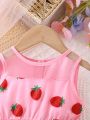 Baby Girl Backless Strawberry Embroidered Mesh Splicing Dress With Button Design
