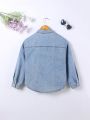 Teenage Girls' Vintage College Style Cute Flower Embroidery Loose Comfortable Soft Light Blue Denim Shirt With Pocket, Washed Finish