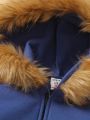 SHEIN Little Boys' Zipper Front Hooded Jumpsuit With Plush Trim Details