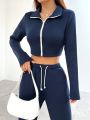 SHEIN EZwear Zippered Stand Collar Casual 2pcs/Set