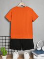 SHEIN Kids SPRTY Big Boys' Comfortable Casual Basketball Print Short Sleeve T-Shirt And Shorts 2pcs/Set