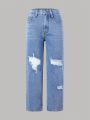 Tween Girls' Basic Casual Mid-blue Washed Ripped Loose Straight Leg Jeans For Daily Wear
