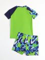 Tween Boys' Raglan Sleeve Colorblock Round Neck Shark Print Swimwear, Two Piece Separated Swimsuit With Placement Print