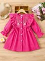 SHEIN Kids EVRYDAY Young Girl Floral Embroidery Ruffle Trim Flounce Sleeve Corduroy Dress