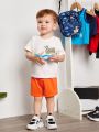 SHEIN Baby Boys' Cartoon Letter Printed Crew Neck Short-Sleeved T-Shirt And Shorts Set