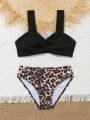 Tween Girls' Leopard Print Twist Front Separated Swimsuit