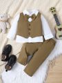 SHEIN 2pcs/Set Baby Boys' Vintage College Style 2 In 1 Shirt With Bow Tie And Pants, Gentleman Outfit For Outdoor Activities