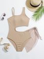 Teenage Girls' Asymmetric Shoulder Hollow Out One-Piece Swimsuit