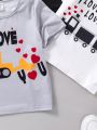 SHEIN Kids EVRYDAY Boys' Cool Printed Casual T-shirt With Excavator, Bulldozer, Car, Heart Pattern