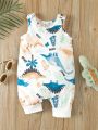 Baby Boy Cartoon Dinosaur Patterned Romper With Vest And Shorts