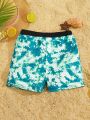 SHEIN Tween Boys' Casual Tie-Dye Printed Pattern Tight Knitted Swimming Trunks