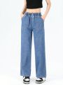 Teen Girls' Vintage Elastic High Waist Loose Fit Soft And Comfortable Wide Leg Denim Pants With Pleated Hem