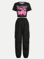 Teenage Girls' Motorcycle Style Letter Print Top And Solid Color Work Wear Pants Set