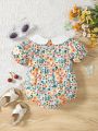 Infant Baby Girls' Floral Print Puff Sleeve Shirred Bodysuit With Doll Neckline
