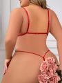 Plus Size Women's Lace Hollow Out Sexy Lingerie Set (Wire-Free Bra, Tops, Panties)