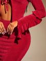 SHEIN SXY Women's Ruffle Trim Spaghetti Strap Top And Mermaid Hem Midi Skirt Set